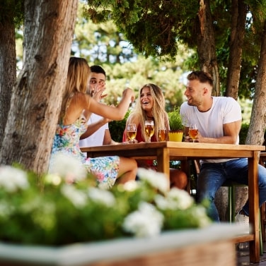 two couples having drinks